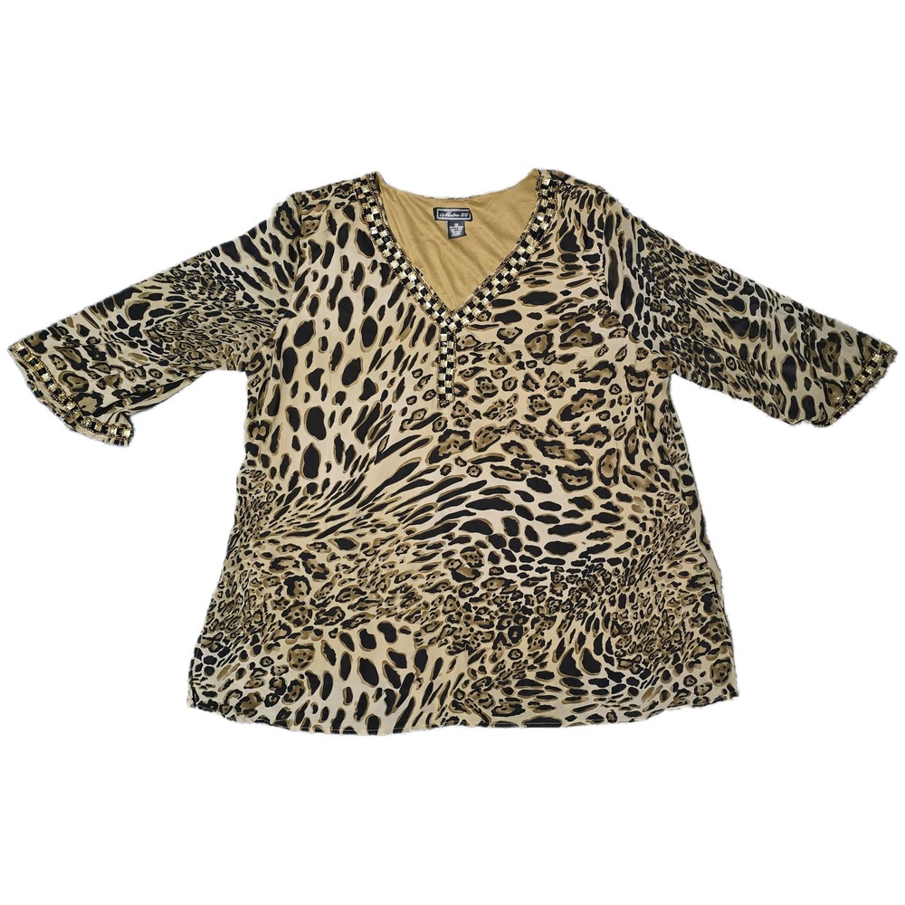 Metro 22 Women's 3X Leopard‎ Print Beaded V-Neck 3/4 Sleeve Tunic Top
(T)